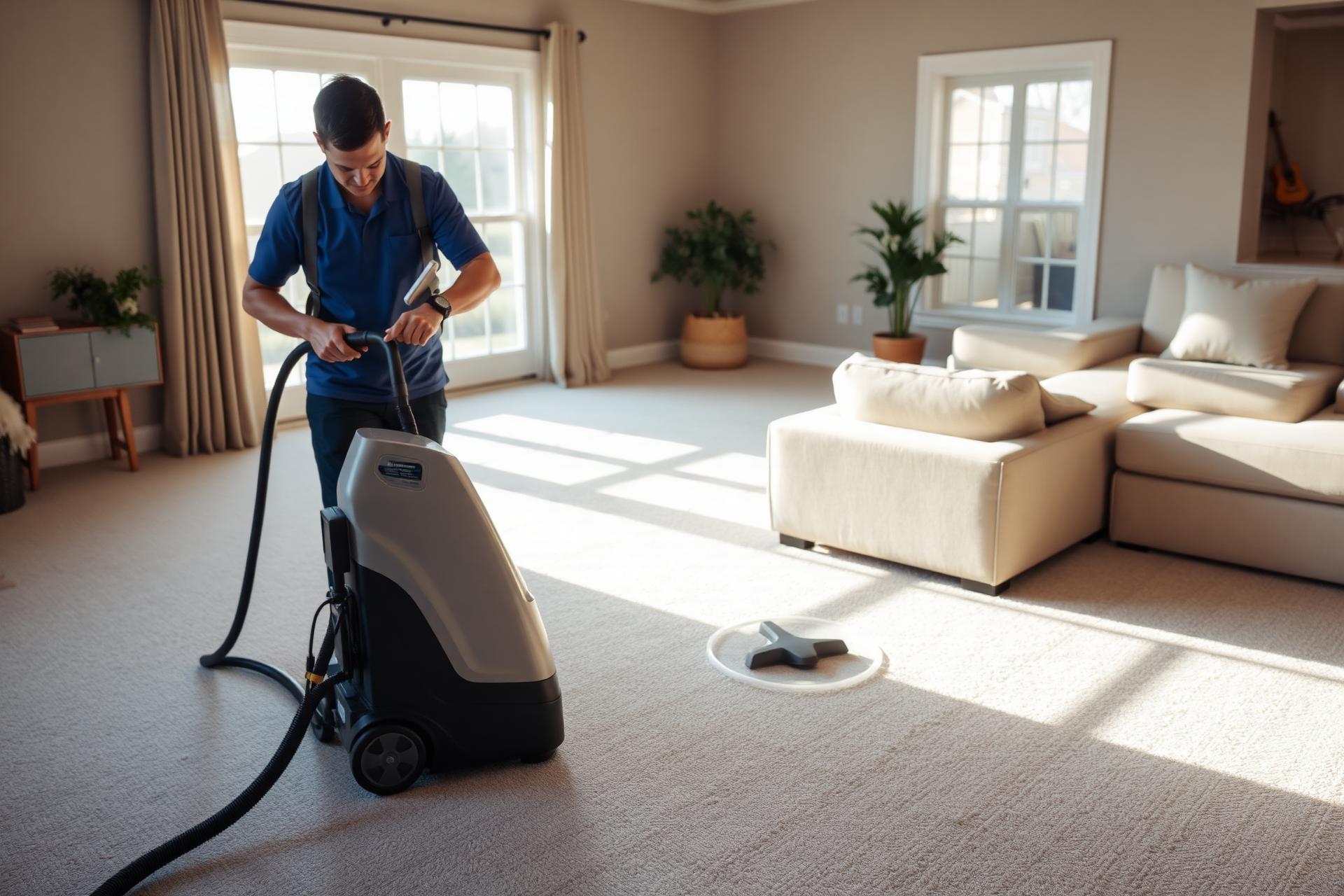 Technician steam-cleaning a living room carpet in Western New York