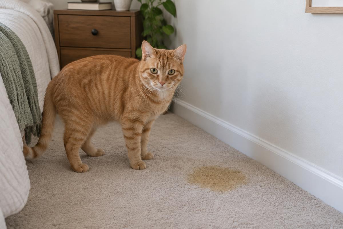 Orange tabby cat beside a cat pee stain on bedroom carpet — cat urine odor removal Western New York