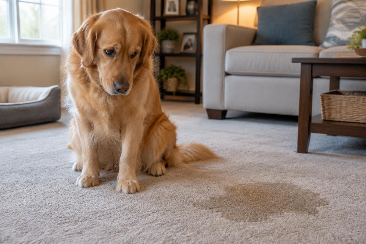 Golden retriever next to a dog urine accident on living room carpet — dog pee cleaning in Buffalo NY