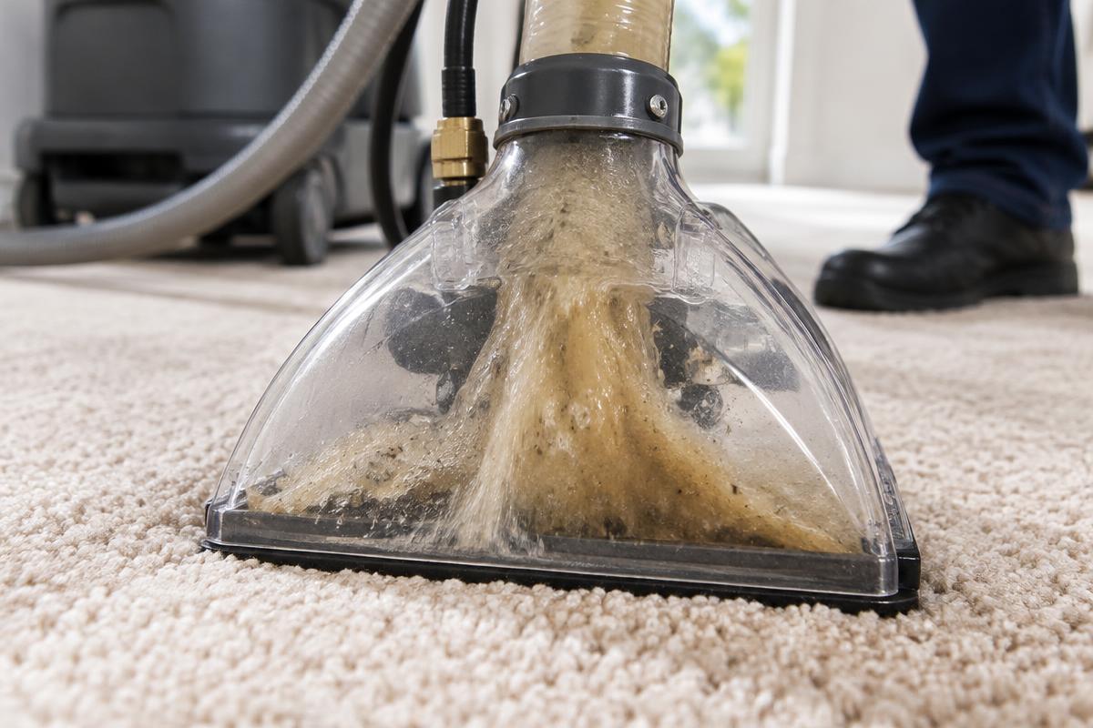 Subsurface extraction tool pulling yellow pet urine from the carpet pad